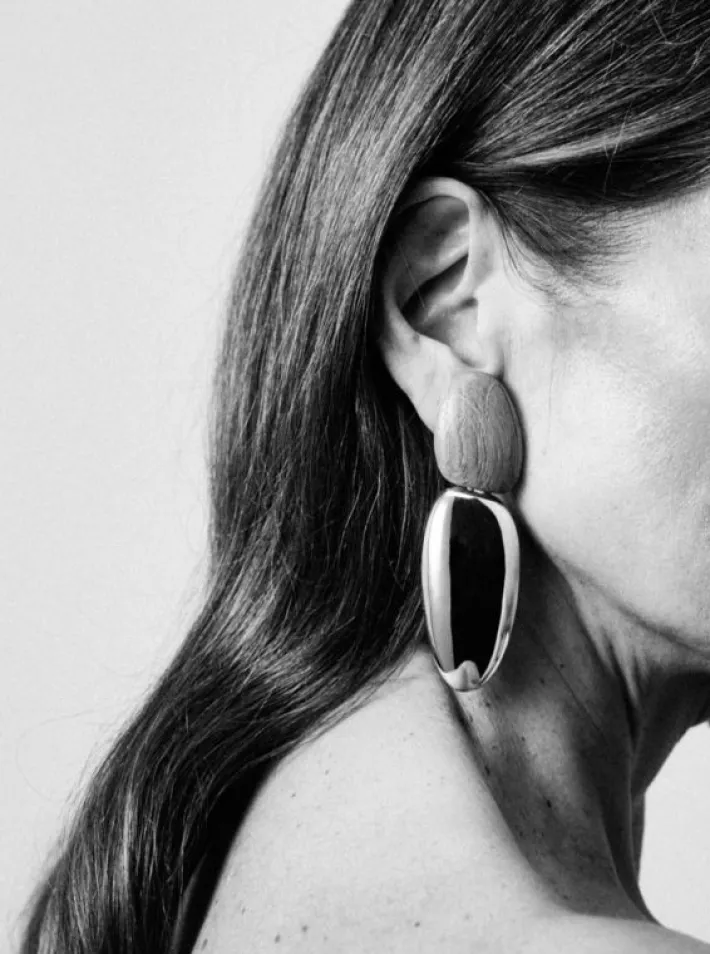 Monies Anniversary earclips: oak, sterling silver
