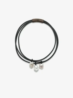 Monies Mint necklace: leather, bog oak, baroque pearl