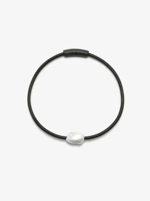 Monies Mint necklace: leather, bog oak, baroque pearl