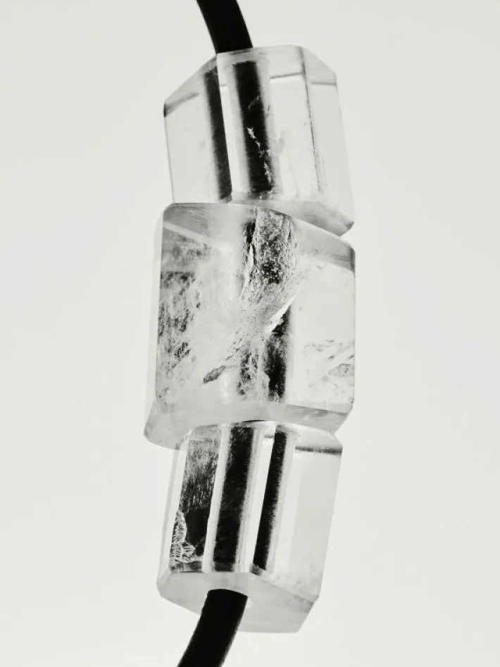 Monies Mint necklace: leather, bog oak, mountain crystal