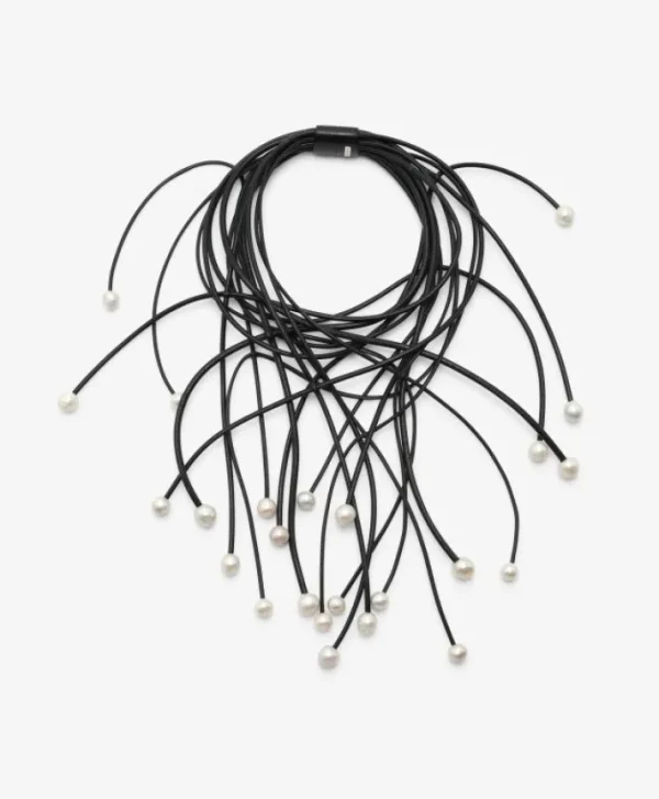 Monies Necklace: freshwater pearls, leather, ebony