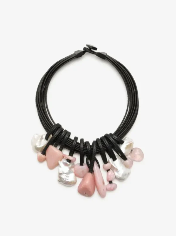 Monies Necklace: freshwater pearls, Andean opal, leather