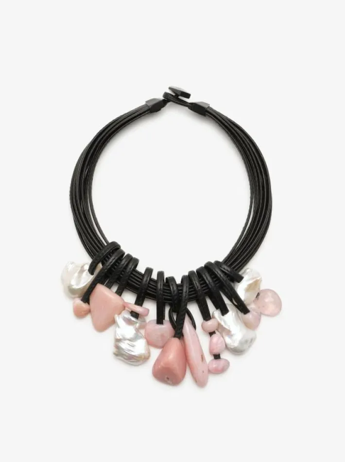 Monies Necklace: freshwater pearls, Andean opal, leather