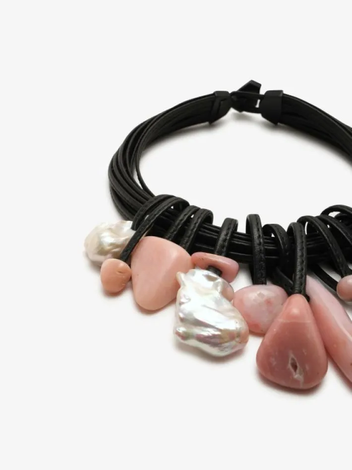 Monies Necklace: freshwater pearls, Andean opal, leather
