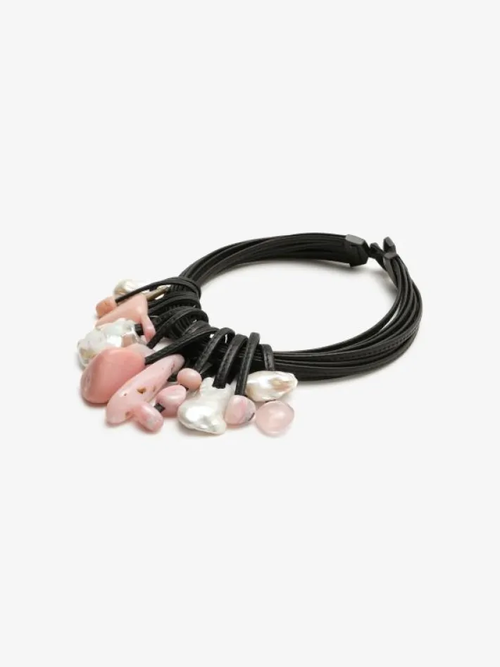 Monies Necklace: freshwater pearls, Andean opal, leather