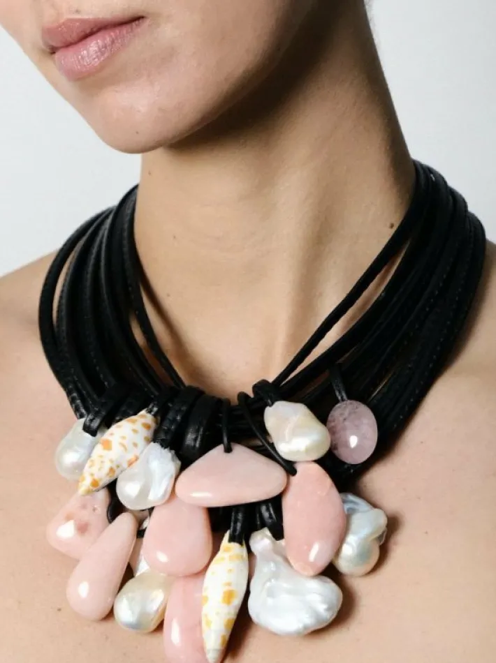 Monies Necklace: Opal, shell, pearl, leather