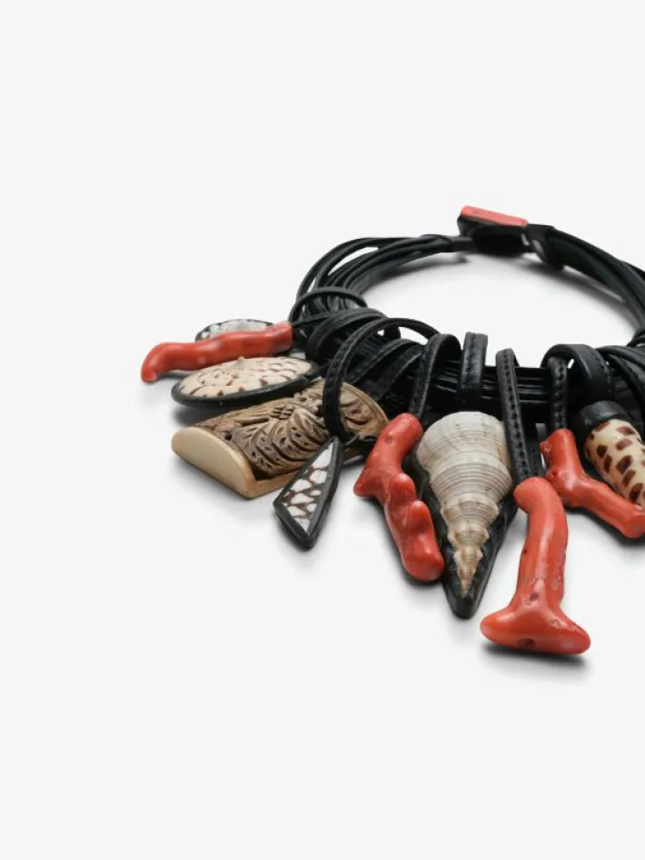 Monies Necklace: shell, coral, bone, leather