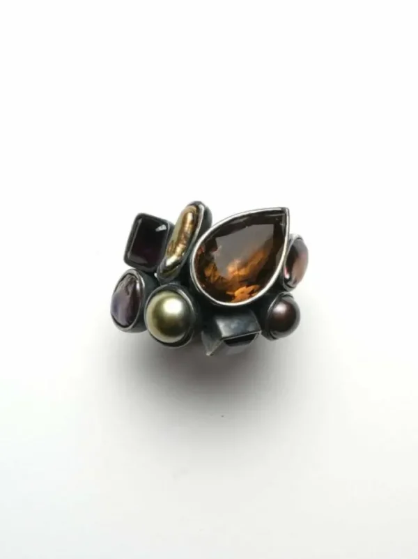 Monies Ring: oxidized silver, pearls, stones
